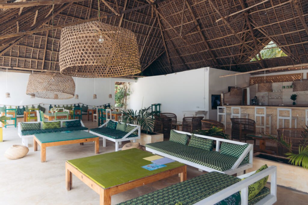 Hall with traditional macuti roofing at Cristal Resort, Paje Beach, Zanzibar.